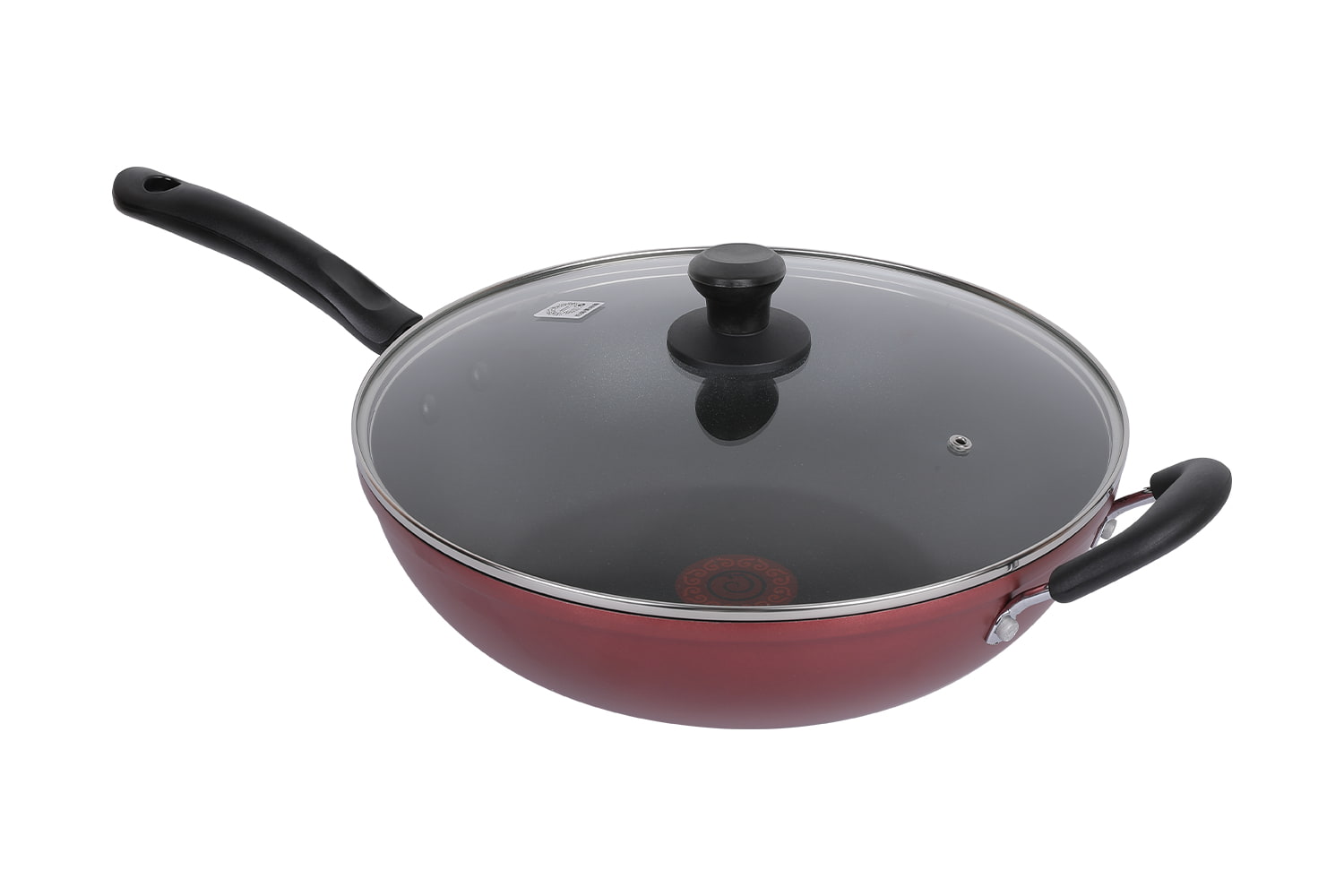 CF32C-CJ772 Flaming Wok-พร้อมฝาแก้วเลียนแบบการพิมพ์แผ่นหล่อFlaming Red Dot 32 Non-Stickกระทะ