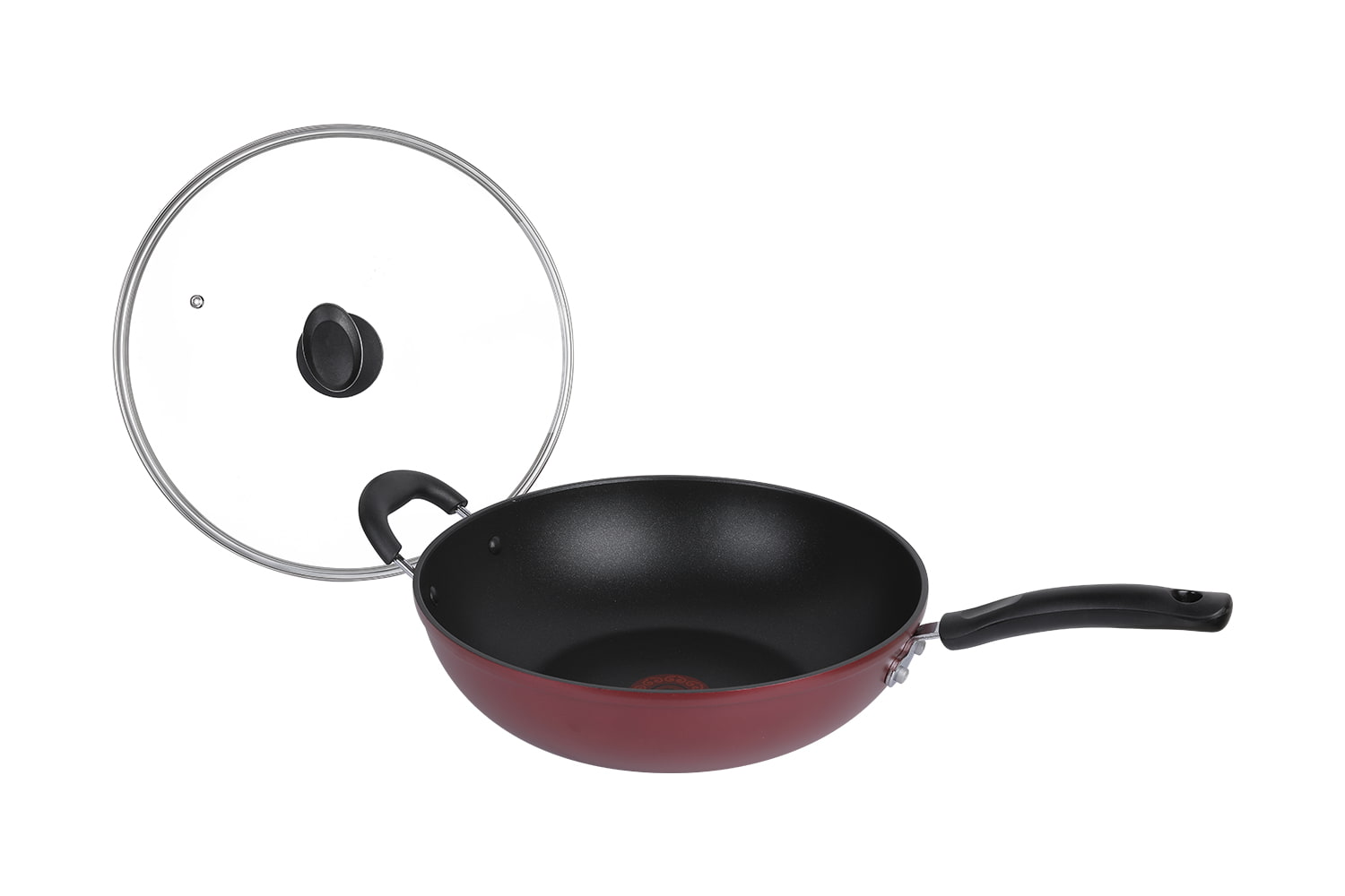 CF32C-CJ772 Flaming Wok-พร้อมฝาแก้วเลียนแบบการพิมพ์แผ่นหล่อFlaming Red Dot 32 Non-Stickกระทะ